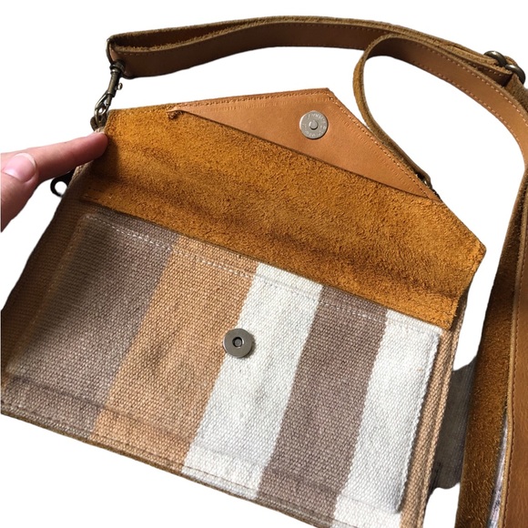 SutiSana Crossbody Organizer Color Sepia Wool Leather Zipper Bag Yellow Stripe - Picture 5 of 16